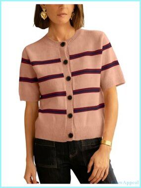 Striped Cardigan Sweater for Women Crewneck Short Sleeve Knit Button-Down